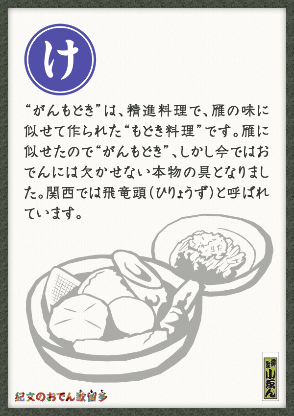 “がんもどき”は、江戸時代の精進料理で、雁の味に似せて作られた“もどき料理”です。雁に似せたので“がんもどき”、しかし今ではおでんには欠かせない本物の具となりました。関西では飛竜頭（ひりょうず）と呼ばれています。