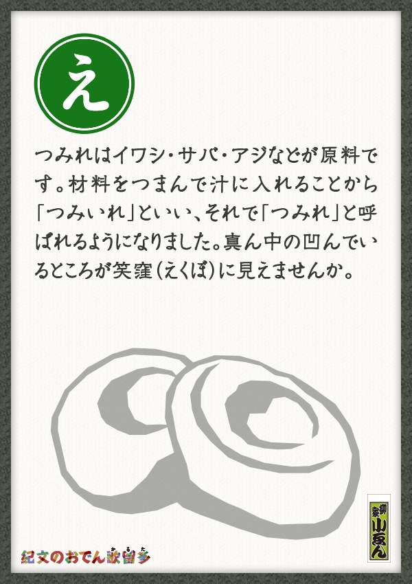 つみれはイワシ・サバ・アジなどが原料です。材料をつまんで汁に入れることから「つみいれ」といい、それで「つみれ」と呼ばれるようになりました。真ん中の凹んでいるところが笑窪（えくぼ）に見えませんか。