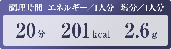 調理時間：20分　エネルギー／1人分：201kcal　塩分／1人分：2.6g