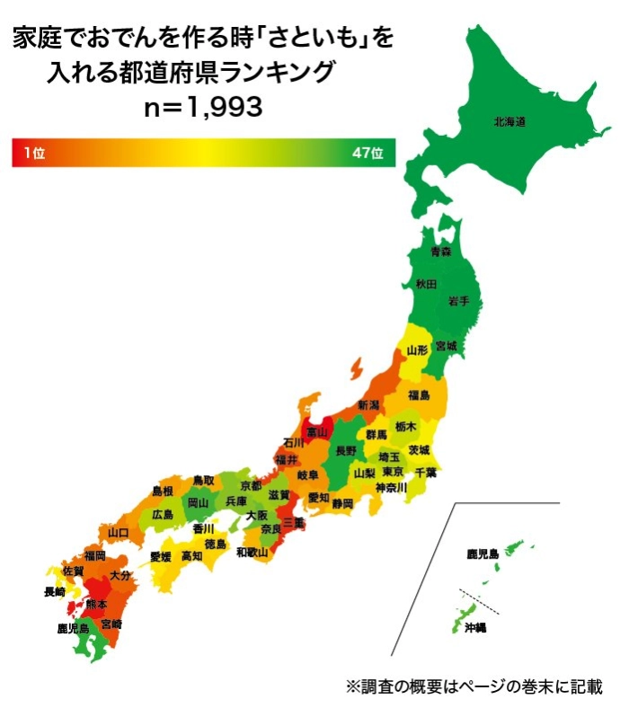 家庭でおでんを作る時「さといも」を入れる都道府県ランキング