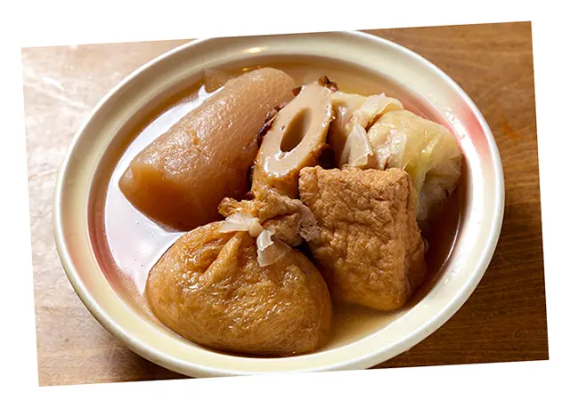 人気のおでんベスト5。「大根」「餅巾着」「ちくわ」「ロールキャベツ」「厚揚げ」